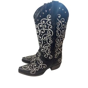 Womens‎ Black Western Cowboy Boots Rhinestone Scroll Embellishment Pointed Toe